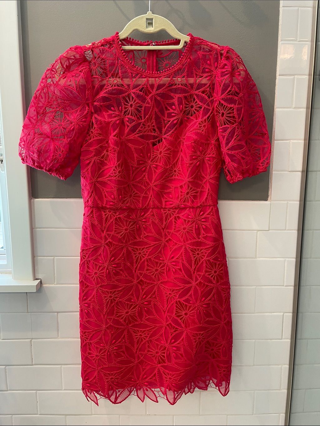 Monique Lhuillier Pink Floral Lace Puff-Sleeve Mini Dress